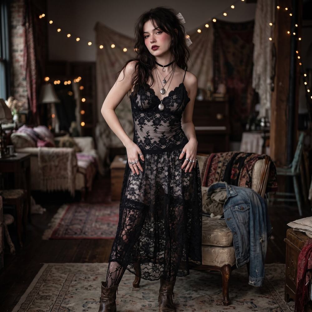 Vintage Victoria's Secret Gold Label Medium Black Sheer Floral Lingerie Dress